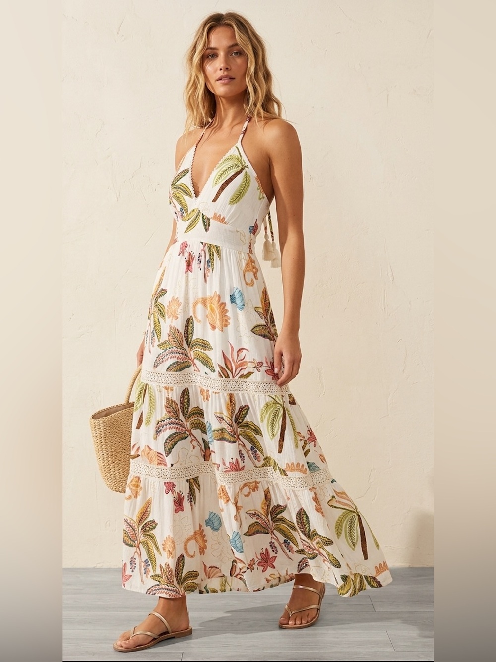 NWT Surf Gypsy Tropical Floral Halter Maxi Dress-M-MSRP $75